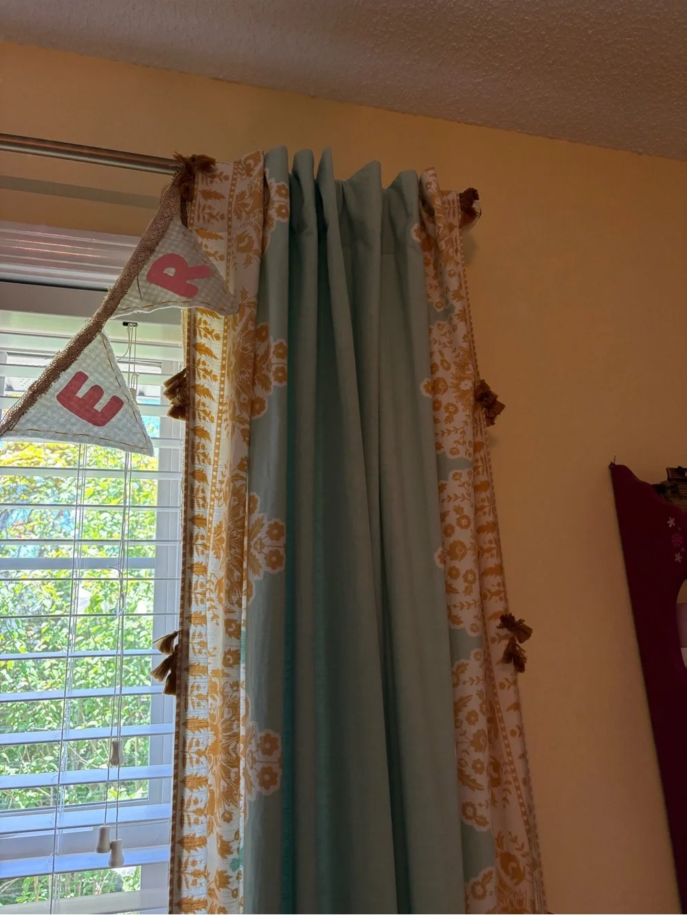 2 Anthropologie Curtain Panels - Tiya - Mint and Mustard with tassels